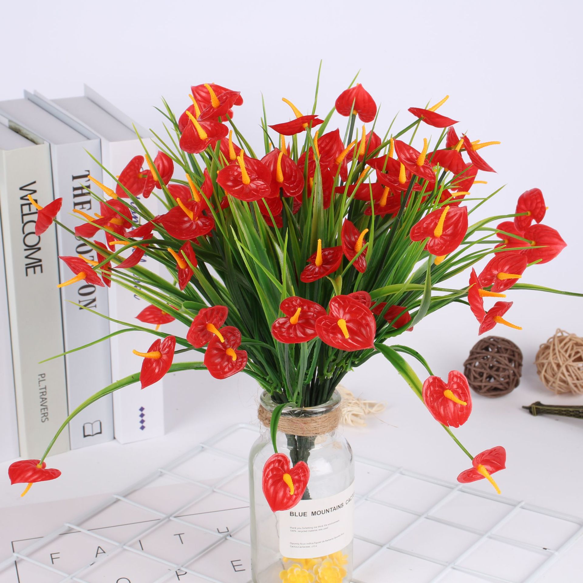 Искусственный цветок фальшивый цветок водяная трава 7 веток красного пальмового пластикового букета для уличного озеленения