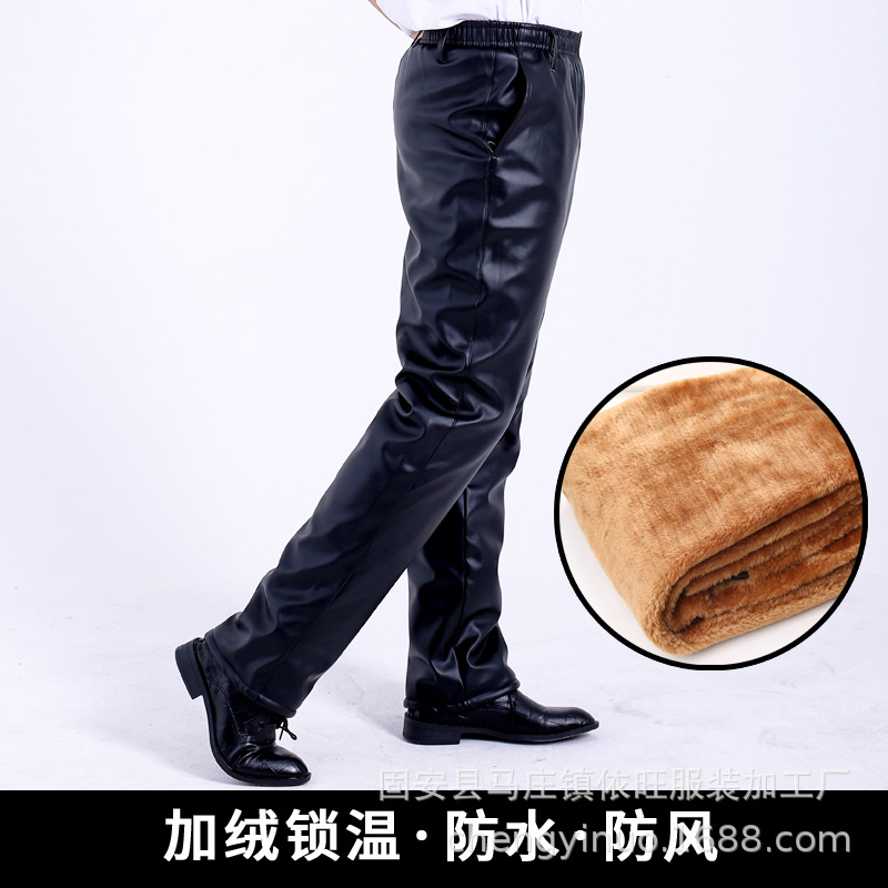 2020 new winter elastic waist leather pants men's oil-proof Waterproof warm non-peeling fleece-lined thickened work pants motorcycle pants