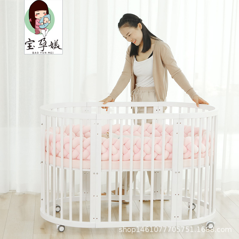 Crib Round Bed Children's Bed Pine Lapable Diaper Table with Mosquito Net Solid Wood with Guardrail Baby Splicing Big Bed