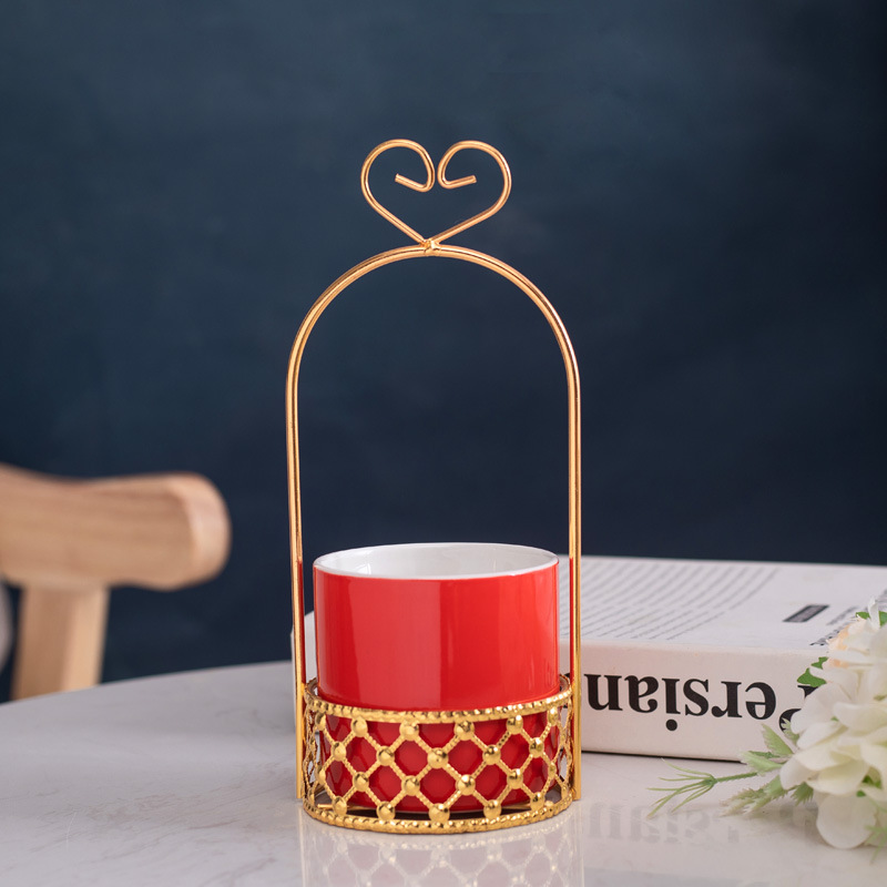 Creative gold-plated metal flower basket desktop ceramic flower pot fleshy green plant living room dining table coffee table decorations manufacturers