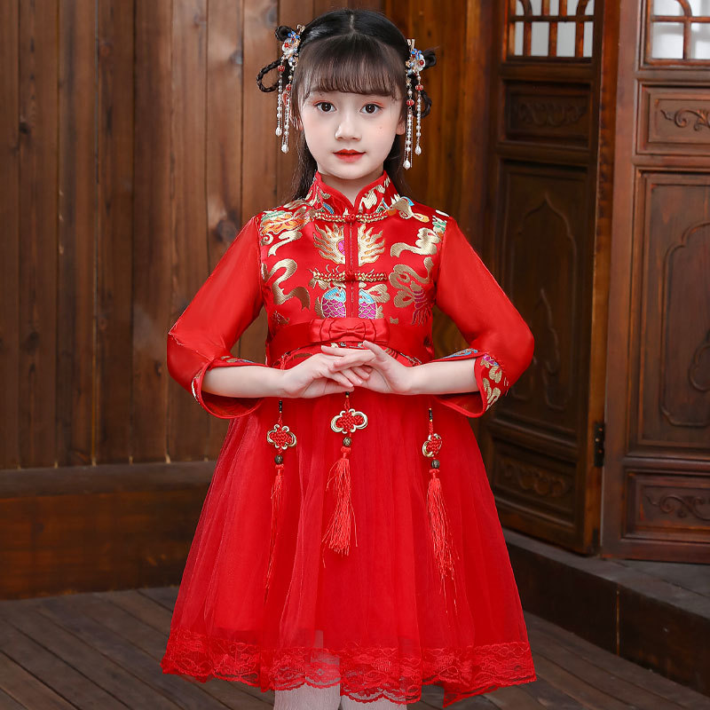 Girls' Cheongsam Chinese Style Children's Tang Suit Plus Velvet Red Festive New Year Clothes Little Girl's Winter Princess Dress