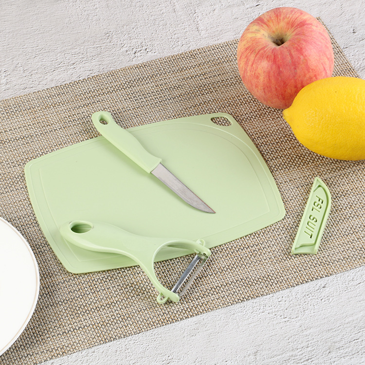 Kitchen knife PP plastic cutting board three-piece stainless steel fruit knife peeling knife children's toy cutting board set