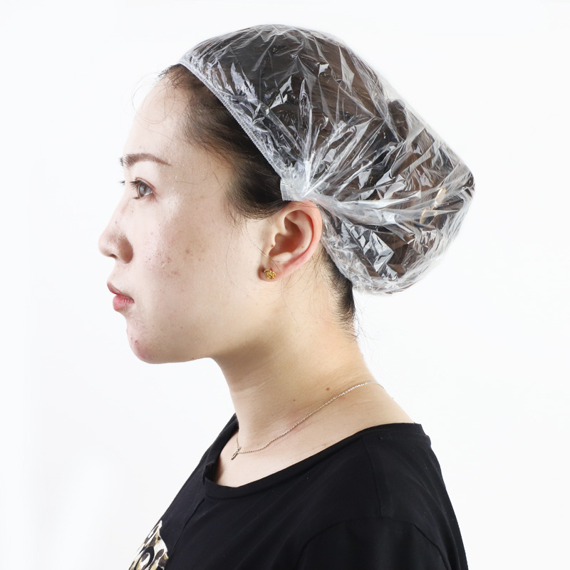 Factory wholesale disposable shower cap pe plastic transparent thick strip waterproof shower cap hotel supplies 100 Pack