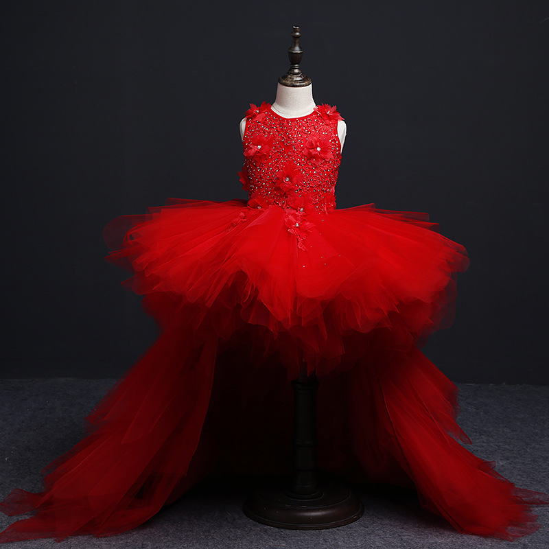 Girls Evening Dress Princess Dress Gray Model Catwalk Tail Wedding Dress Tutu Skirt Kidsren's Piano Performance Clothing Host