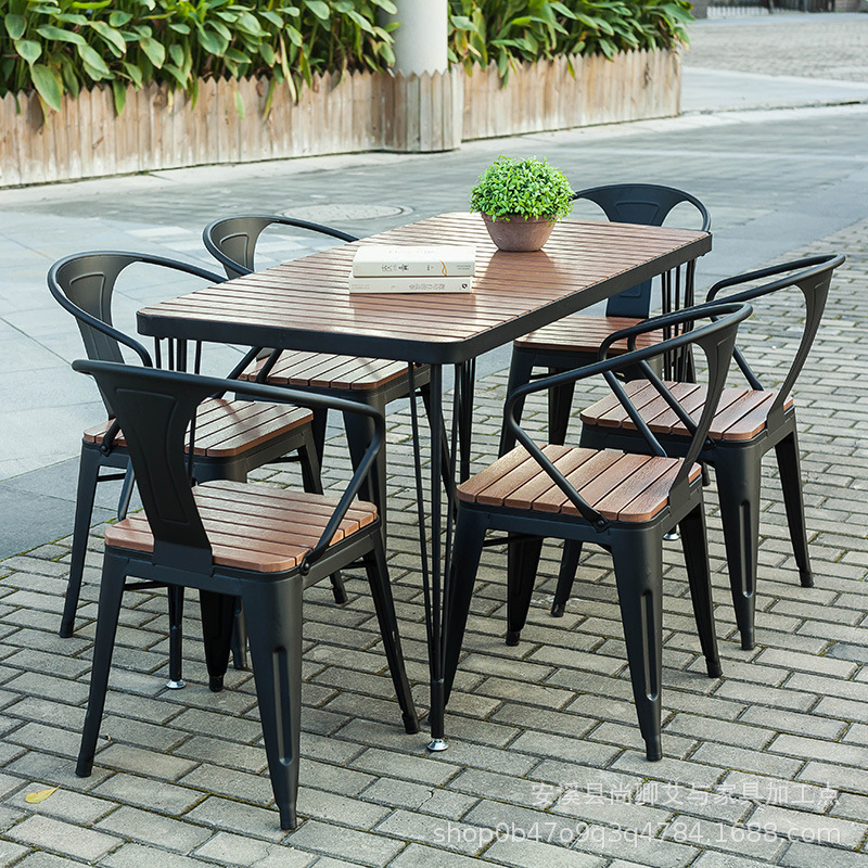 Plastic Wood Table and Chair Combination Outdoor Hotel Outdoor Cafe Table and Chair Milk Tea Shop Bar Courtyard Leisure Balcony Dining Chair