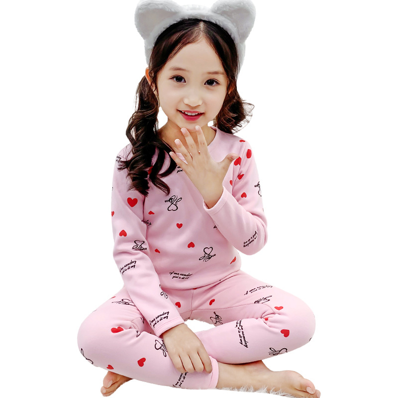Children's fleece-lined homewear suit autumn and winter men's and women's round neck warm pajamas autumn clothes long pants two-piece set Wholesale