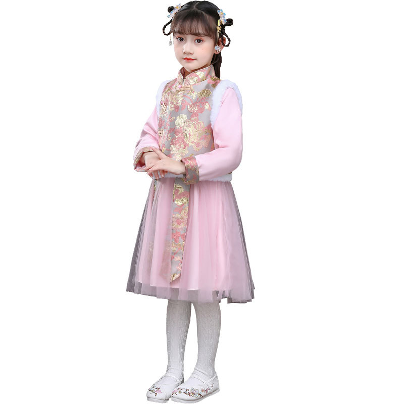 Hanfu Girls Winter New Year Clothes Baby Girl Princess New Year Clothes Thick Velvet Tang Suit Cheongsam Children's New Year Hanfu