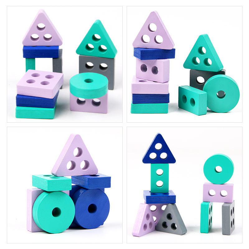 Children's wooden geometric shape matching building block column macaron rectangular four-set column shape cognitive toy