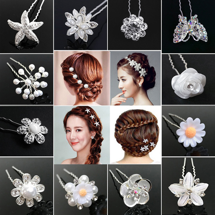 Hot sale bridal plate hair fork pearl flower hair accessories diamond pin U-shaped clip hair pin hairpin ornaments single