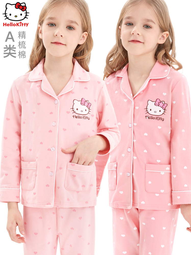 Пижама для девочек Hello Kitty, домашняя одежда, хлопковый комплект, весна и осень, одежда с кондиционером