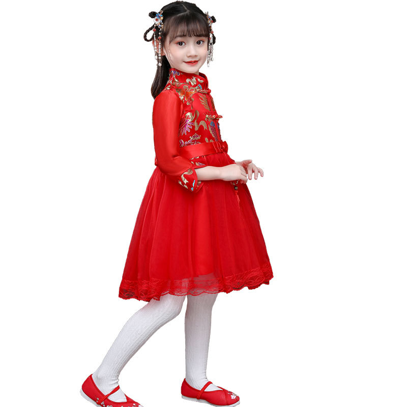 Girls' Cheongsam Chinese Style Children's Tang Suit Plus Velvet Red Festive New Year Clothes Little Girl's Winter Princess Dress