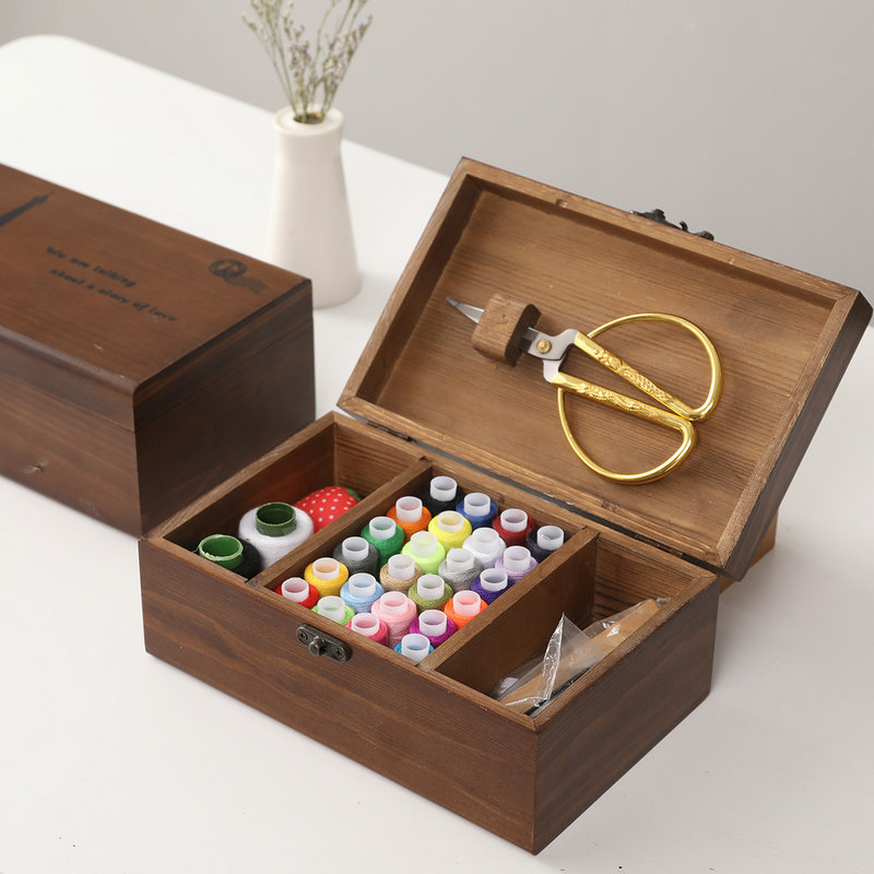 Solid wood sewing box household wooden sewing tool storage box retro portable set box