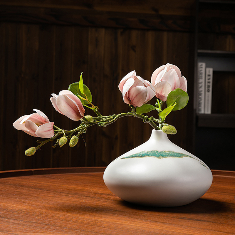 Искусственные ветки магнолии для гостиной набор с керамической вазой цветочная композиция украшение