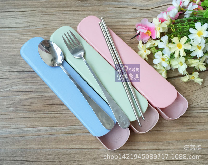 Stainless Steel Tableware Three-piece Portable Student Smiley Fork Spoon Chopsticks Add LOGO Promotional Gift Set