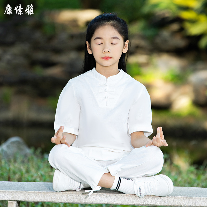 Kang Suya Stretch Cotton and Linen Children's Practice Clothing Ethnic Style Wushu Tai Chi Suit Performance Meditation Meditation Clothing