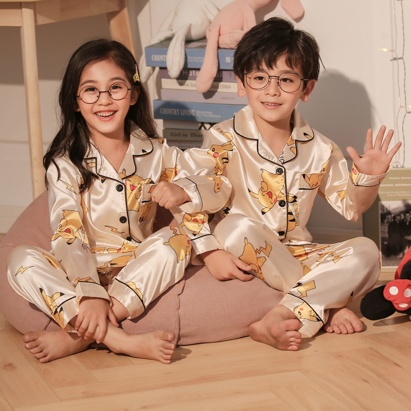 Spring and Summer Kidsren's Pajamas Long-Sleeved Cardigan Imitation Silk Boys Ice Silk Little Girls Middle and Large Kidsren Home Thin Set