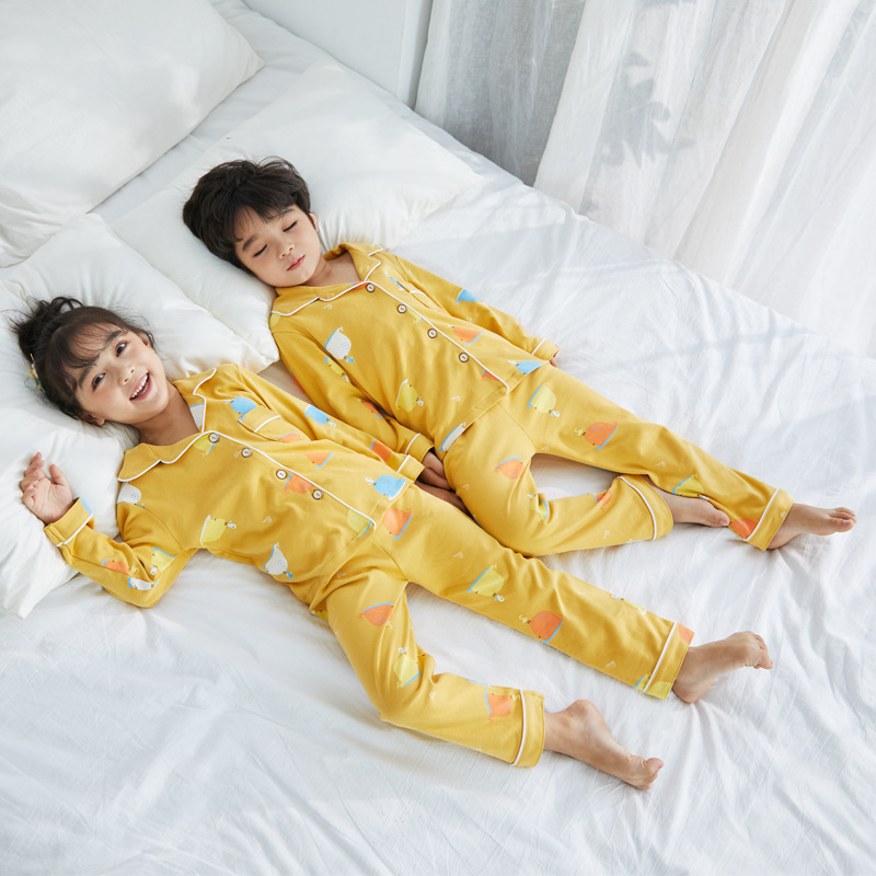 Новый детский весенне-осенний хлопковый домашний комплект одежды 2020 года, пижамы с воротником для девочек, двухпредметный комплект для мальчиков
