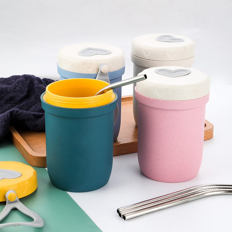 Couple Wheat Breakfast Cup Portable Soup Cup with Spoon with Lid Milk Cup Student Straw Cup Double Layer Heat Insulation Cup