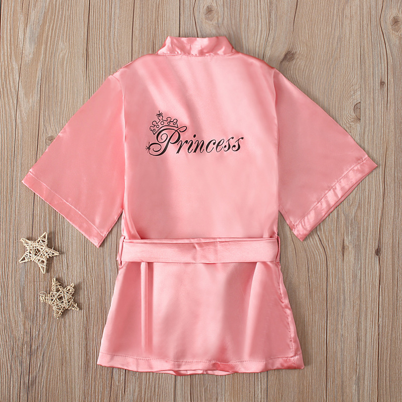 Girls and Kidsren European and American Pink Pure Color Long-sleeved Letter Printed Strap Bathrobe Home Clothes Kidsren's Set Kidsren's Clothing ins