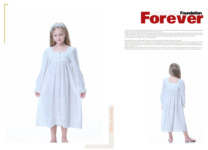 Girls' Clothing Cotton Embroidered Long Palace Princess Nightgown for Older Children European and American White Pajamas Home Clothes Can Be Worn Outside