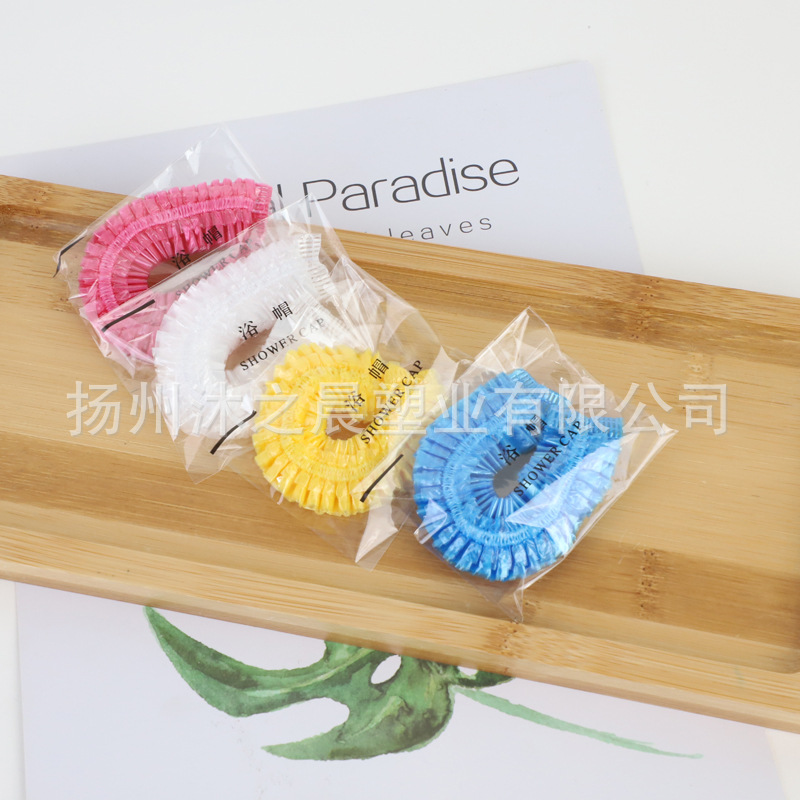 Factory wholesale disposable shower cap pe plastic transparent thick strip waterproof shower cap hotel supplies 100 Pack
