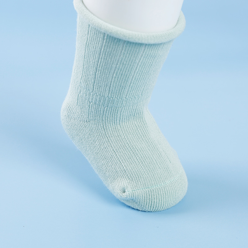 Baby mid-calf length socks spring and autumn combed cotton loose mouth curling solid color striped boneless wholesale baby children's socks