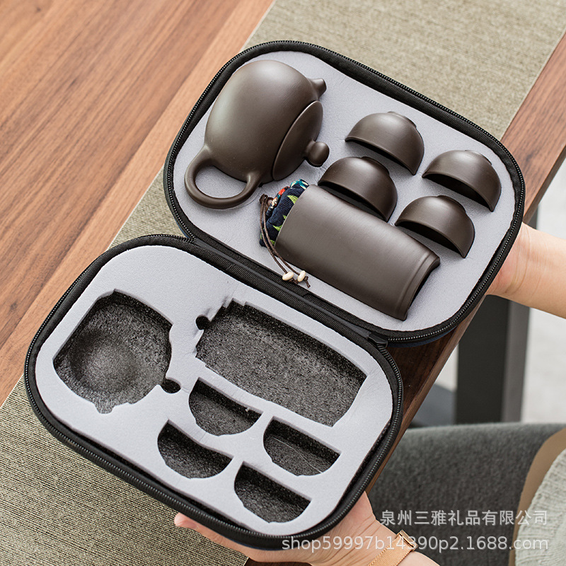 Dehua purple sand travel tea set one pot four cups Express Cup portable outdoor business gift tea pot travel bag