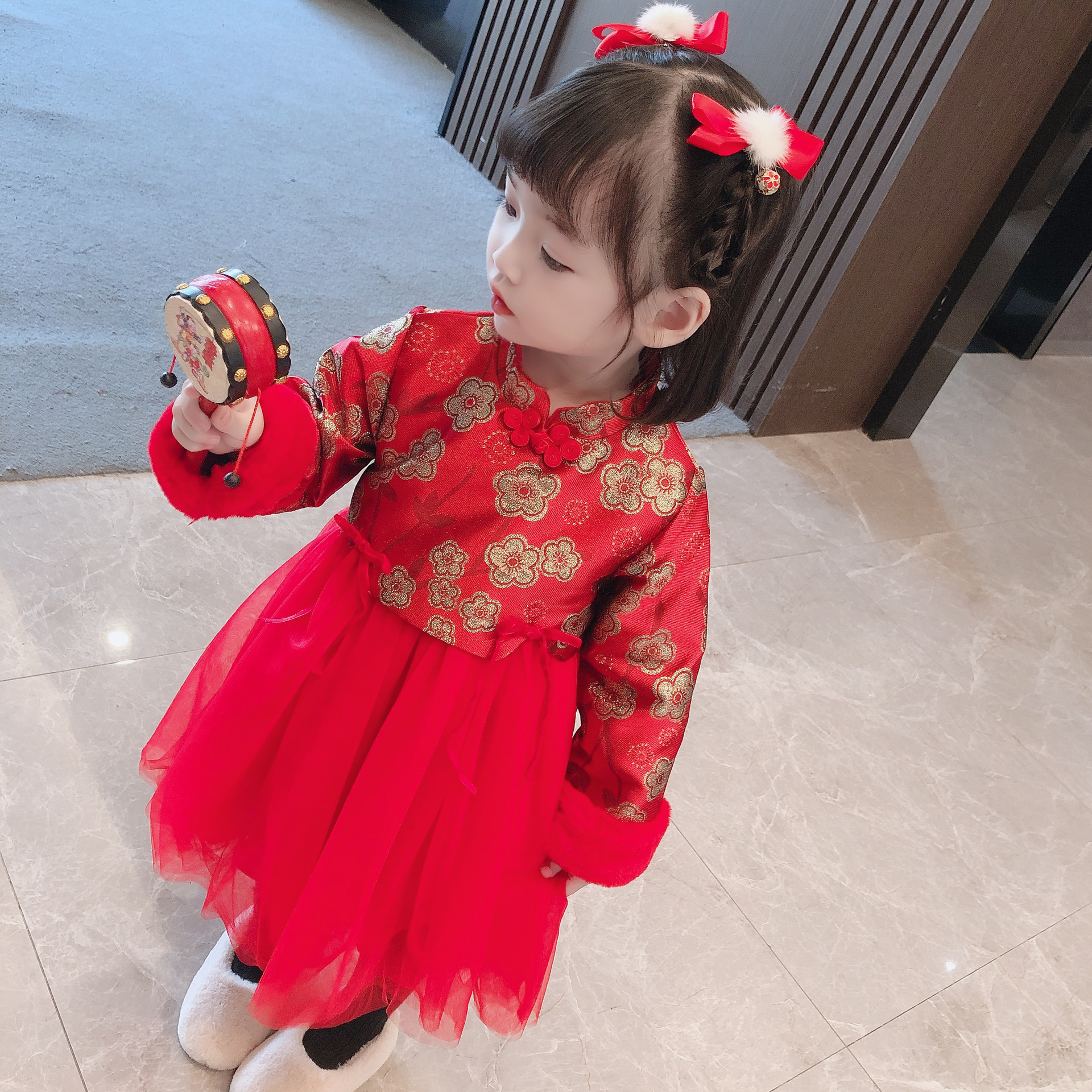 2935 Children's Clothing for Girls and Children Chinese Style Hanfu Baby Cheongsam Autumn and Winter Fleece-lined Dress
