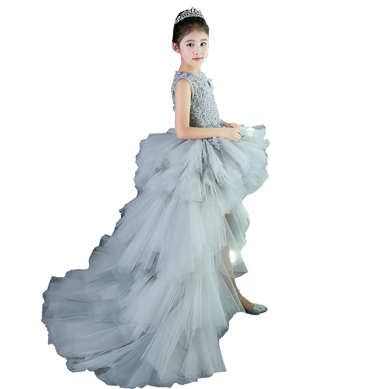 Girls Evening Dress Princess Dress Gray Model Catwalk Tail Wedding Dress Tutu Skirt Kidsren's Piano Performance Clothing Host