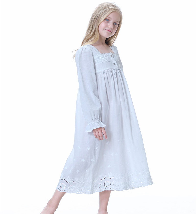 Girls' Clothing Cotton Embroidered Long Palace Princess Nightgown for Older Children European and American White Pajamas Home Clothes Can Be Worn Outside