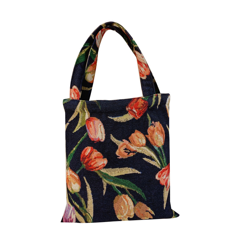 Vintage Oil Painting Color Tulip Jacquard Carry-on Hand Bag for Work Hand-held Small Cloth Bag Hand-held Women's Bag Shoulder Bag