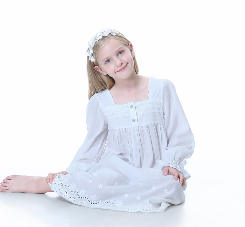 Girls' Clothing Cotton Embroidered Long Palace Princess Nightgown for Older Children European and American White Pajamas Home Clothes Can Be Worn Outside