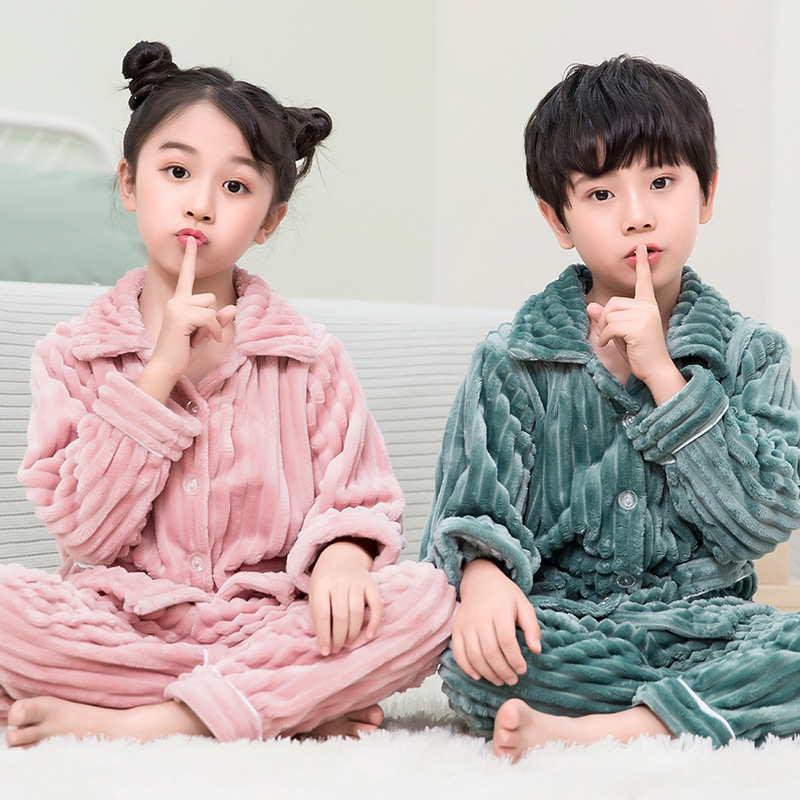 Children's flannel pajamas autumn and winter thickened warm Boys Girls kids baby homewear coral fleece suit
