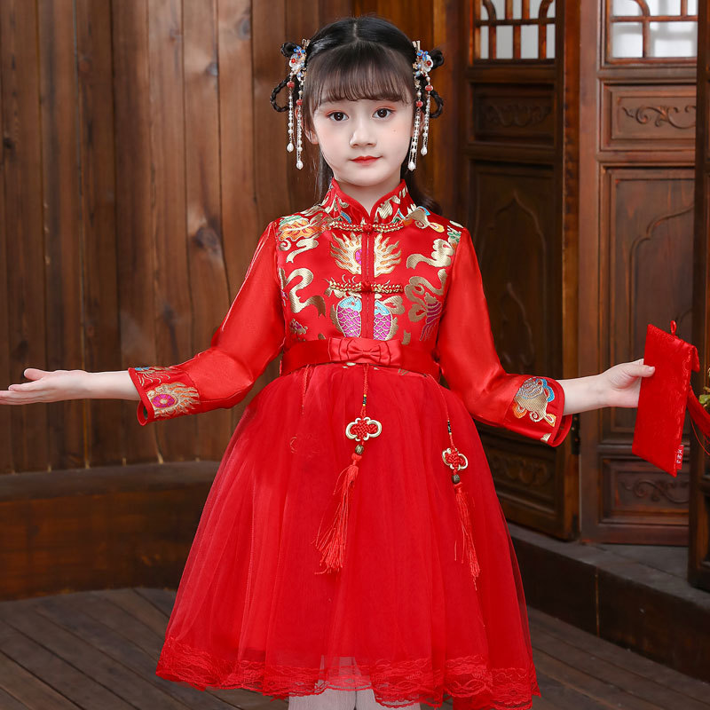 Girls' Cheongsam Chinese Style Children's Tang Suit Plus Velvet Red Festive New Year Clothes Little Girl's Winter Princess Dress