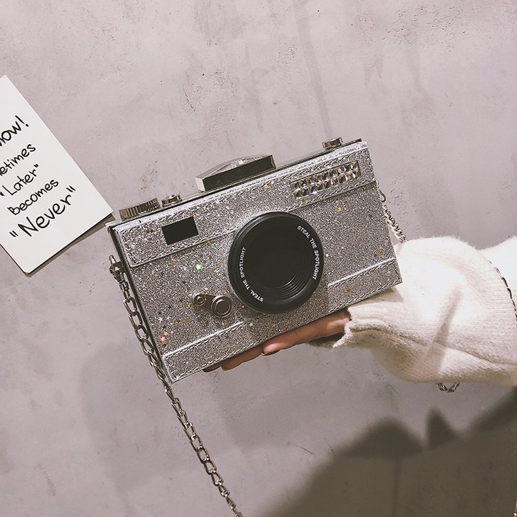 Foreign trade new fashion sequins personalized reflective laser frosted camera bag creative funny simulation camera Women's bag