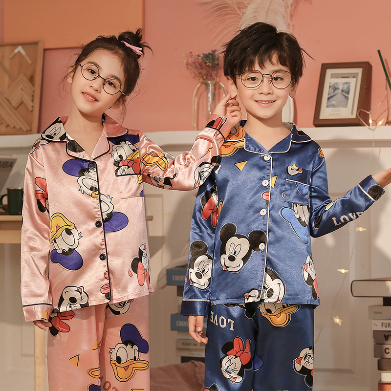 Весна и лето детские пижамы длинный рукав кардиган имитация шелка мальчики ледяной шелк маленькие девочки средние и большие детские домашние тонкие комплекты