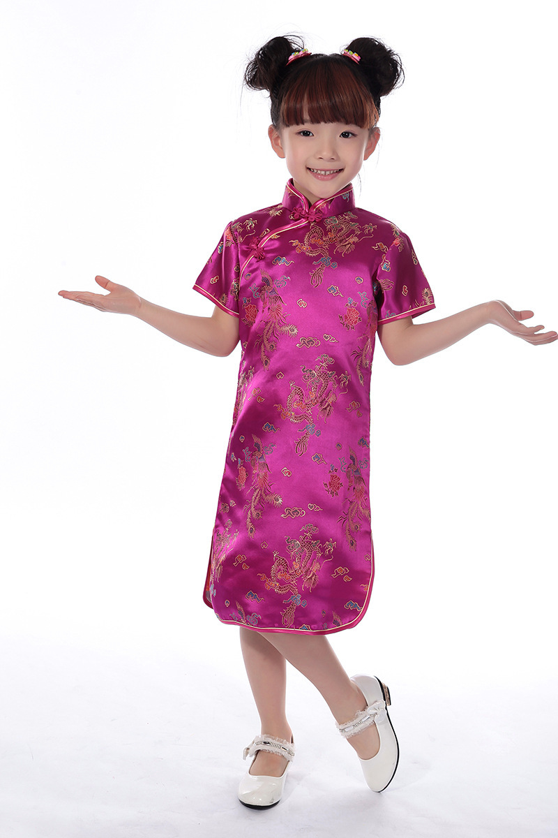 Middle-aged and Older Girls Princess Dress Chinese Style Foreign Style Kidsren's Tang Suit Dragon and Phoenix Summer Dress Girls Cheongsam Skirt