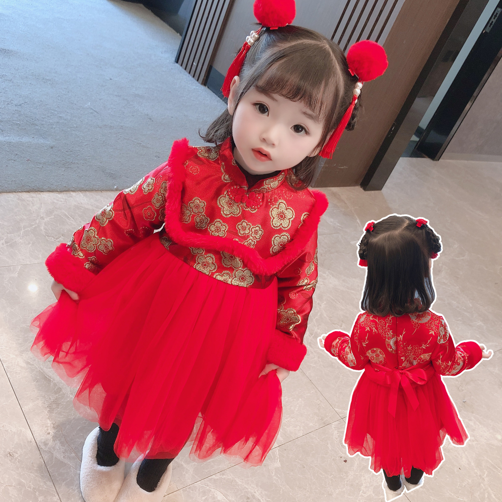 2936 Детская одежда, новогодняя одежда для малышей, китайский стиль, флисовый чонгсам, платье с вуалью, Hanfu