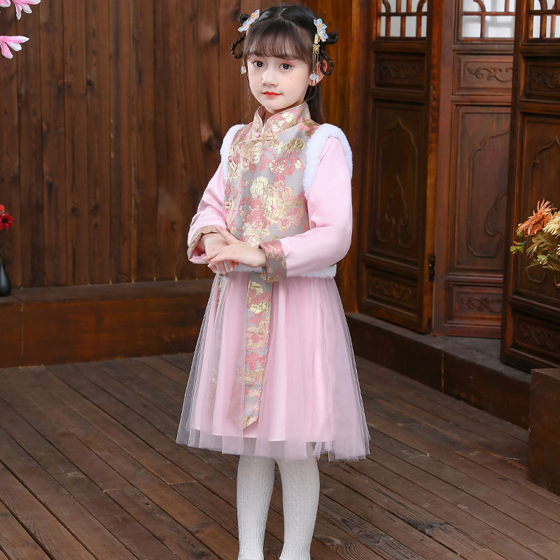 Hanfu Girls Winter New Year Clothes Baby Girl Princess New Year Clothes Thick Velvet Tang Suit Cheongsam Children's New Year Hanfu