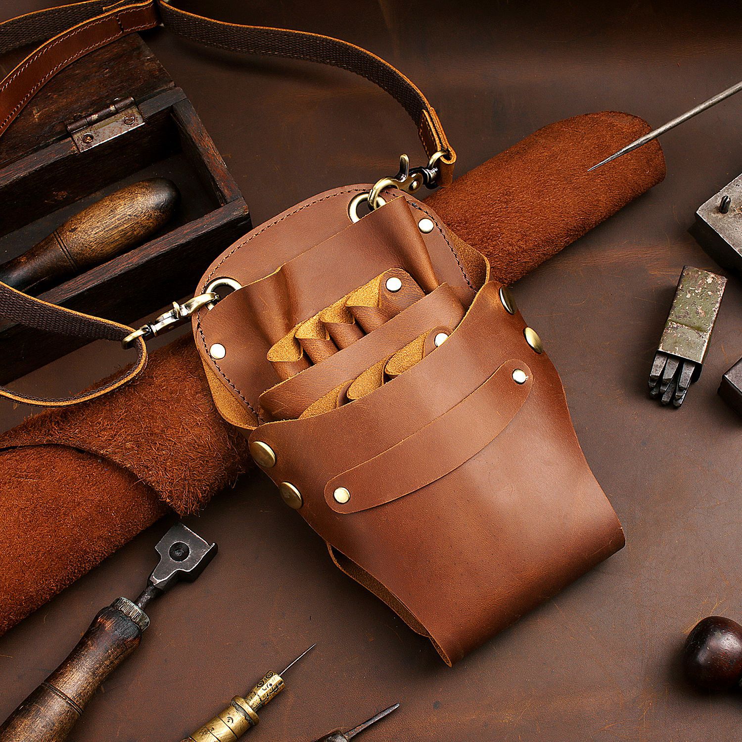 Crazy Horse Leather Scissors Bag Hair Stylist Special Scissors Tool Storage Leather Cover Hairdresser Multifunctional Real Cow Leather Waist Bag