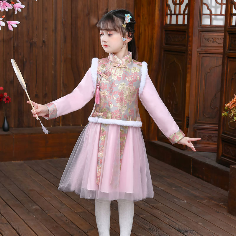 Hanfu Girls Winter New Year Clothes Baby Girl Princess New Year Clothes Thick Velvet Tang Suit Cheongsam Children's New Year Hanfu