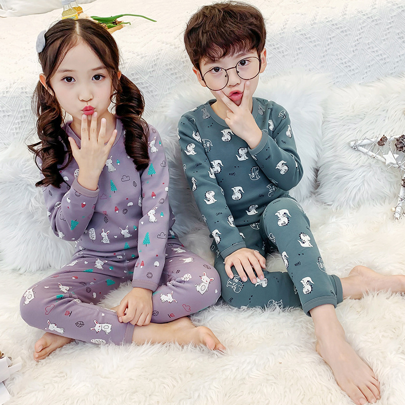 Children's fleece-lined homewear suit autumn and winter men's and women's round neck warm pajamas autumn clothes long pants two-piece set Wholesale