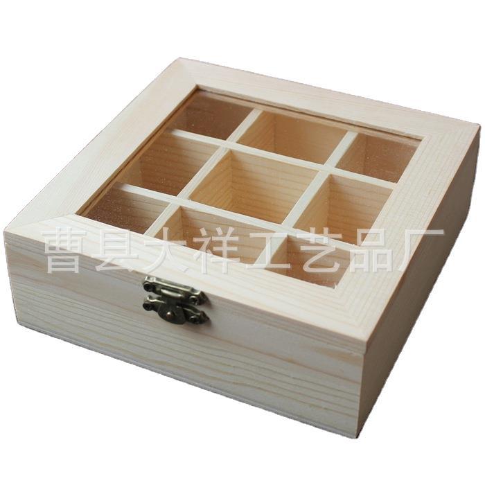 zakka vintage wooden desktop jewelry storage box small 9-grid multi-grid glass cover wooden box grid flip box