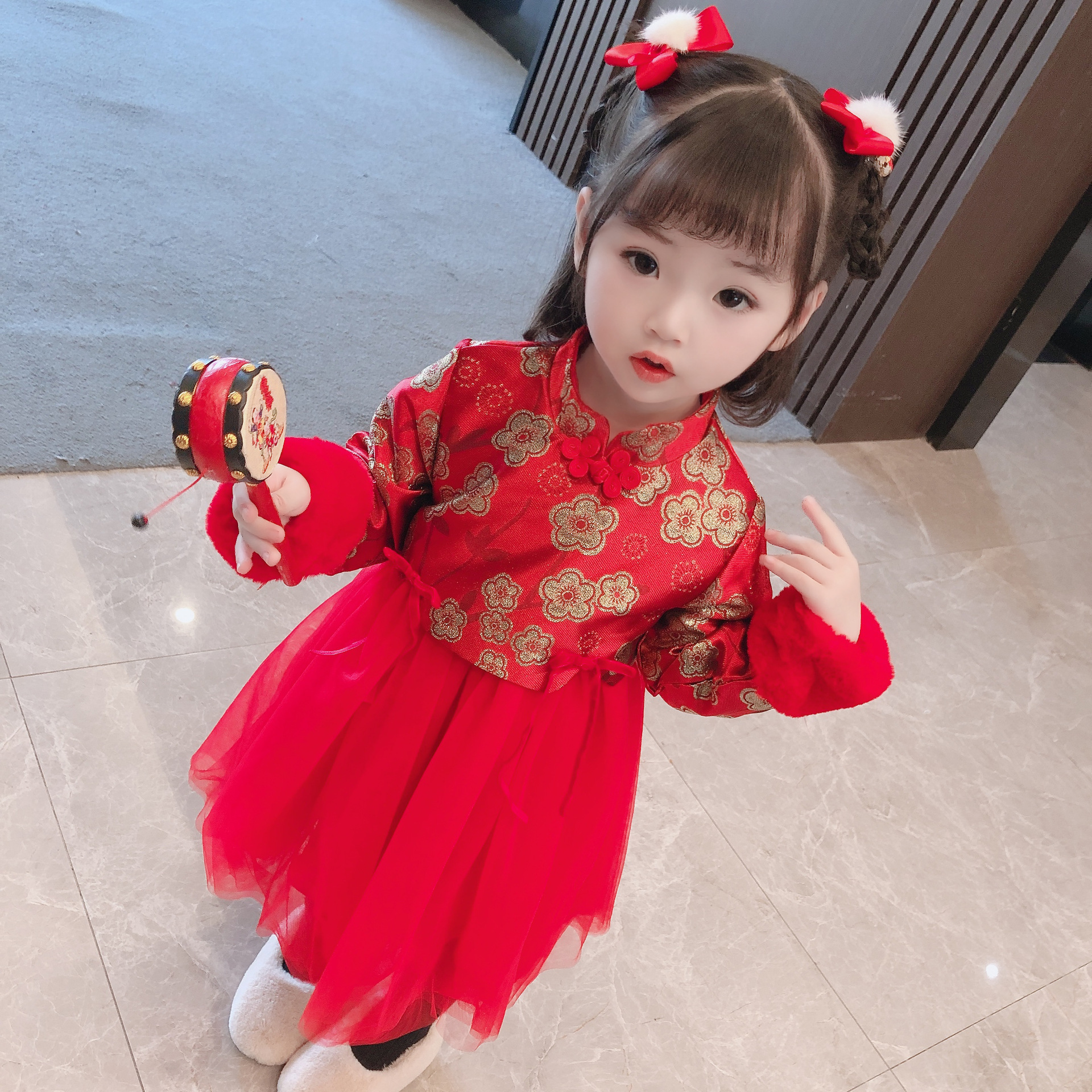 2935 Детская одежда для девочек, китайский стиль, Hanfu, флисовый чонгсам, осенне-зимнее платье