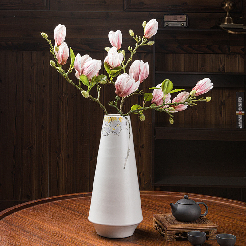 Artificial Magnolia Flower Branches Living Room Artificial Flower Bud Magnolia Flower Bundle Zen Ceramic Vase Set Flower Arrangement Decoration