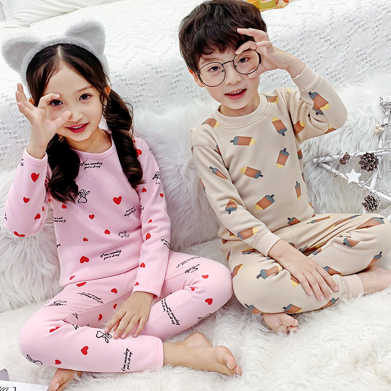 Children's fleece-lined homewear suit autumn and winter men's and women's round neck warm pajamas autumn clothes long pants two-piece set Wholesale
