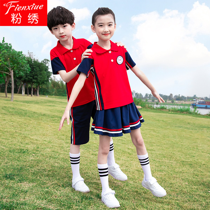 Pink Embroidery Summer New Primary and Secondary School Students Sportswear School Uniforms Kindergarten Uniforms Class Uniforms Summer Casual Suits Customization
