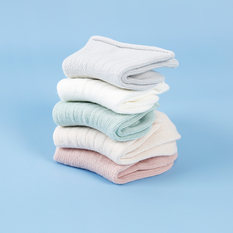 Baby mid-calf length socks spring and autumn combed cotton loose mouth curling solid color striped boneless wholesale baby children's socks