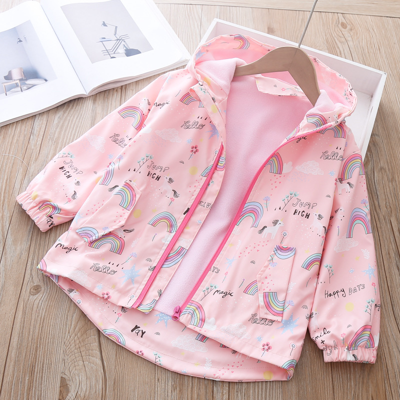 Girls Autumn New Rainbow Rush Jacket Fashion Fleece Hooded Windbreaker Casual Top