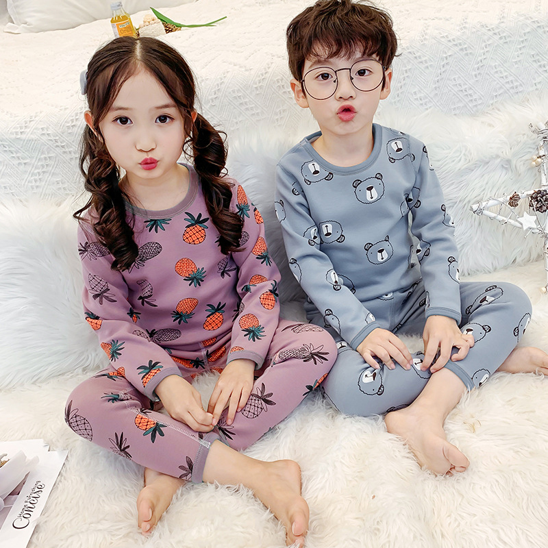 Children's fleece-lined homewear suit autumn and winter men's and women's round neck warm pajamas autumn clothes long pants two-piece set Wholesale